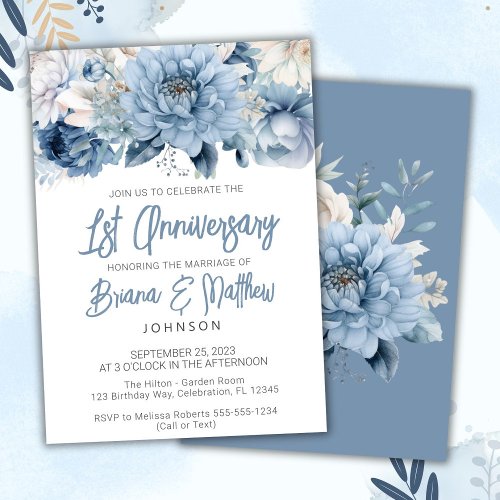 Dusty Blue Floral 1st Wedding Anniversary  Invitation