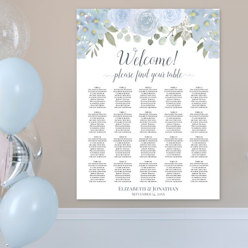 Dusty Blue Floral 20 Table Wedding Seating Chart