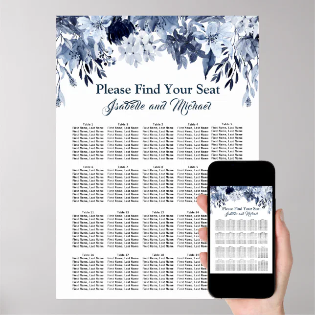 Dusty Blue Floral 20-Table Wedding Seating Chart | Zazzle