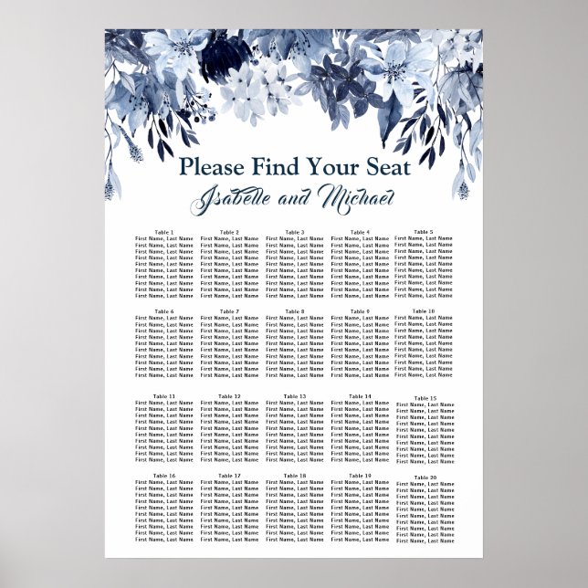 Dusty Blue Floral 20-Table Wedding Seating Chart (Front)