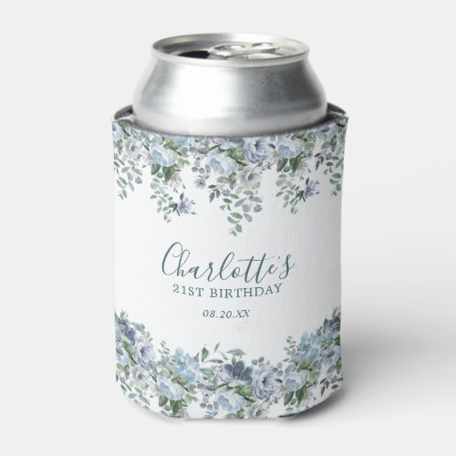 Dusty Blue Floral 21st Birthday Custom Can Cooler