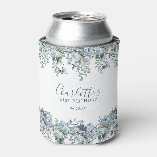 Dusty Blue Floral 21st Birthday Custom Can Cooler (Can Front)