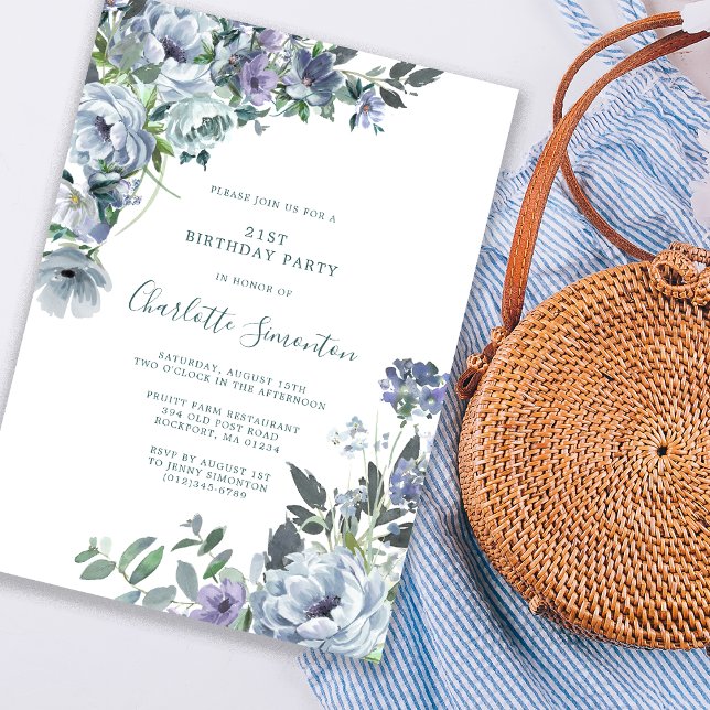 Dusty Blue Floral 21st Birthday Party Invitation (Creator Uploaded)