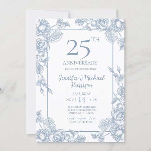 Dusty Blue Floral 25th Anniversary Invitation
