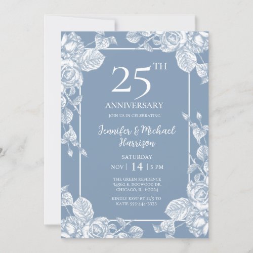 Dusty Blue Floral 25th Anniversary Invitation