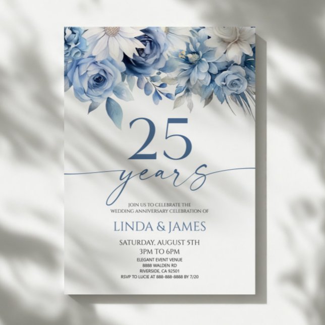 Dusty Blue Floral 25th Wedding Anniversary Invitation (Creator Uploaded)