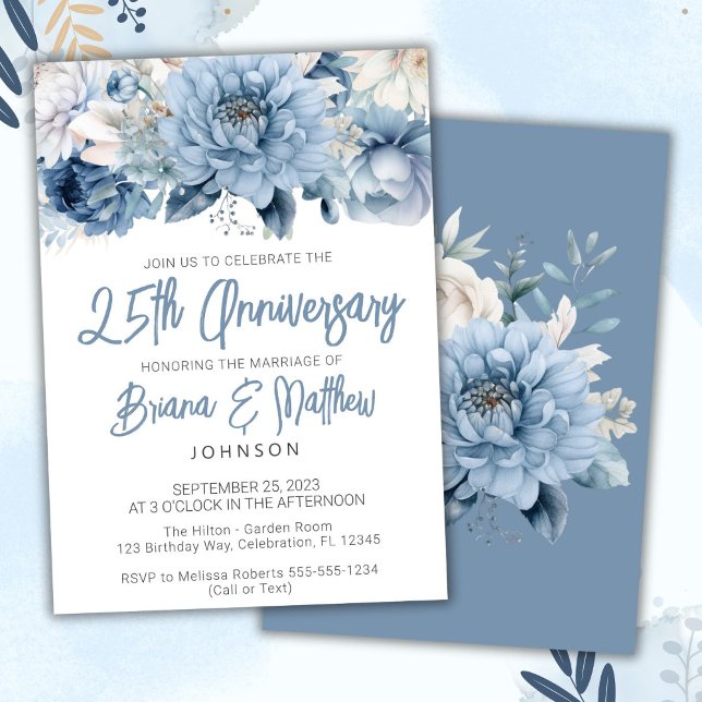 Dusty Blue Floral 25th Wedding Anniversary  Invitation (Creator Uploaded)