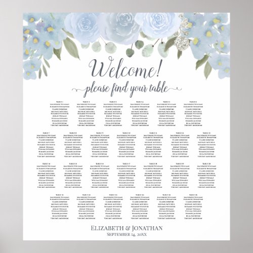 Dusty Blue Floral 26 Table Wedding Seating Chart