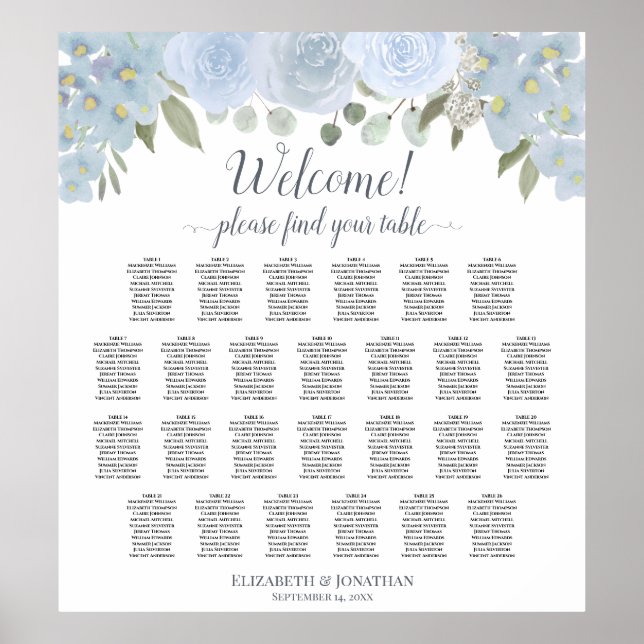 Dusty Blue Floral 26 Table Wedding Seating Chart (Front)