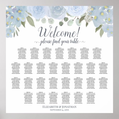 Dusty Blue Floral 29 Table Wedding Seating Chart