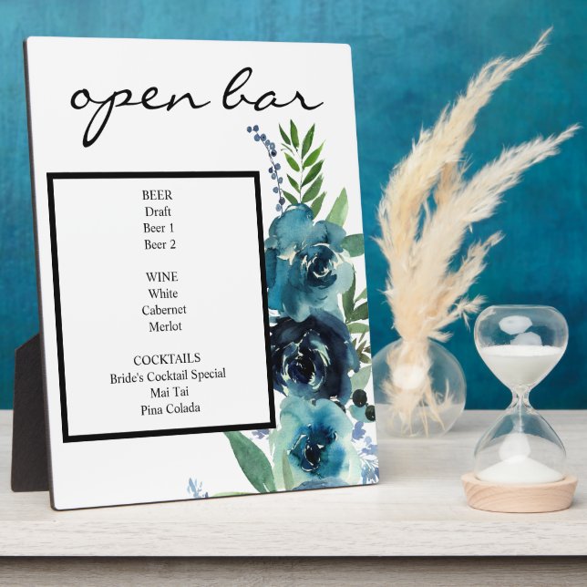 Dusty Blue Floral 2 Bar Sign Easel Plaque (Side)