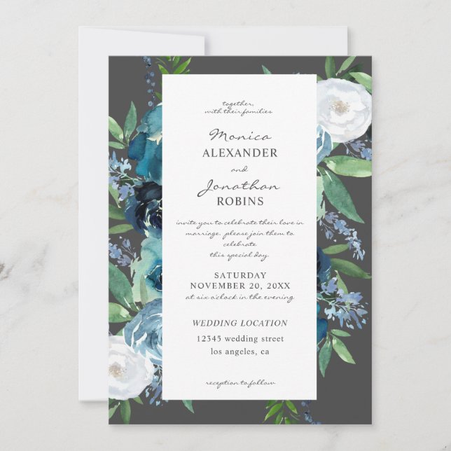 Dusty Blue Floral 2 Gray Wedding Invitation (Front)