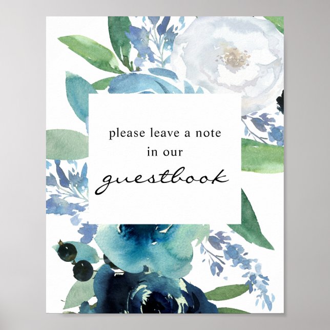 Dusty Blue Floral 2 Guestbook Sign Poster V2 (Front)