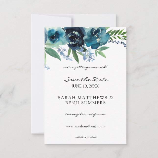 Dusty Blue Floral 2 & Your Photo Save The Date (Front)