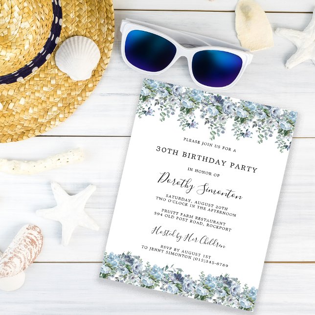 Dusty Blue Floral 30th Birthday Party Invitation (Creator Uploaded)