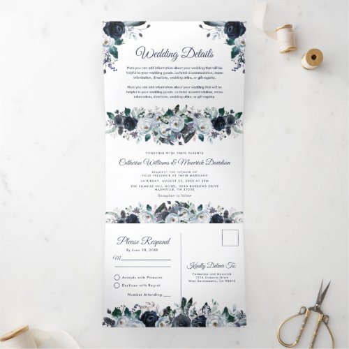 Dusty Blue Floral 3 in 1 Wedding Tri-Fold Invitation - A 3 in 1 rustic floral wedding trifold invitation featuring a simple white background, elegant blue watercolor flowers, a wedding details card, wedding invite, and an rsvp postcard for your guests to cut off and send back.