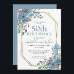 Dusty Blue Floral 50th Birthday Invitation<br><div class="desc">A lush watercolor dusty blue rust floral 50th birthday invitation with gold frame. Solid dusty blue on the back of the invite. A lush and pretty watercolor design.</div>