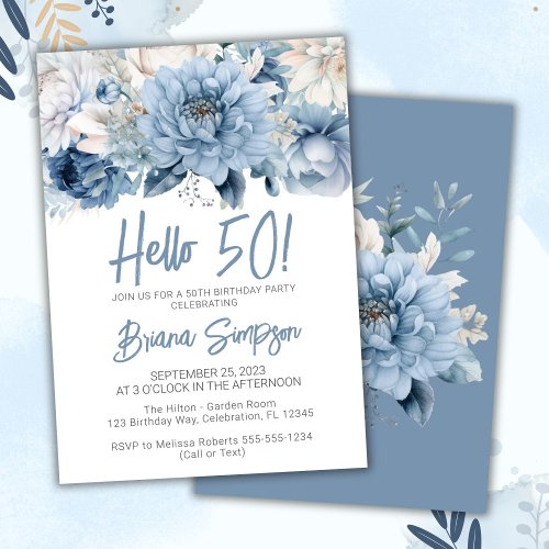 Dusty Blue Floral 50th Wedding Anniversary  Invitation