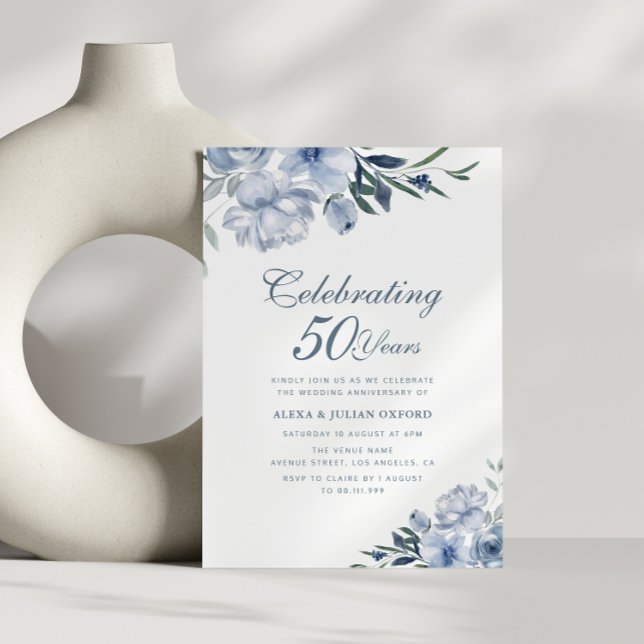 dusty blue floral 50th wedding anniversary invitation (Creator Uploaded)