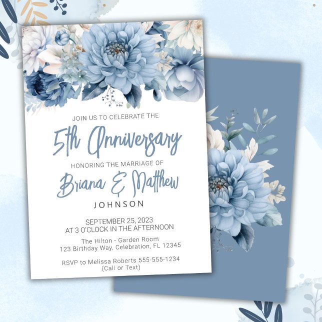 Dusty Blue Floral 5th Wedding Anniversary  Invitation (Creator Uploaded)
