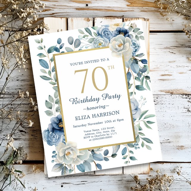 Dusty Blue Floral 70th Birthday Budget Invitation (Creator Uploaded)