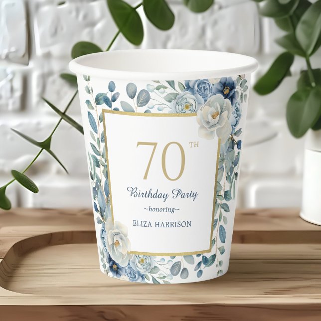 Dusty Blue Floral 70th Birthday Paper cup (Creator Uploaded)