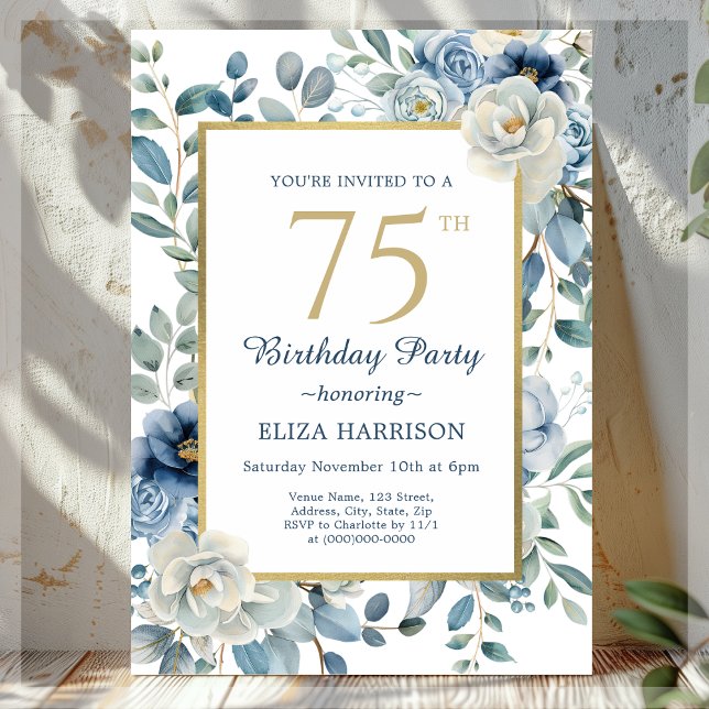 Dusty Blue Floral 75th Birthday  Invitation (Creator Uploaded)