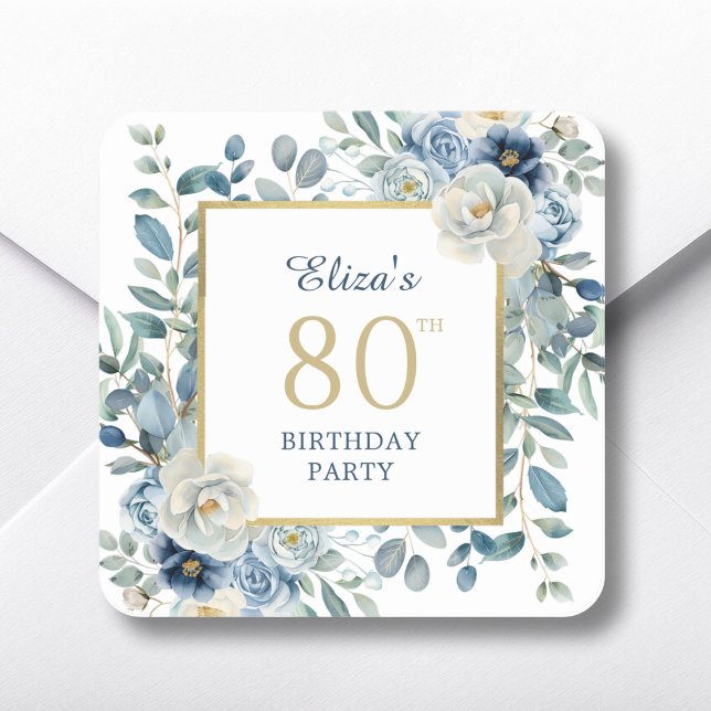 Dusty Blue Floral 80th Birthday Favor Square Sticker (Creator Uploaded)