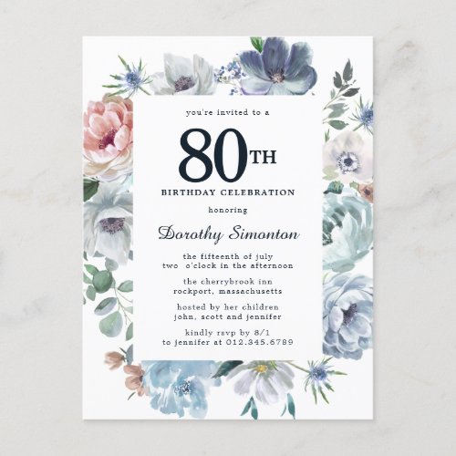 Dusty Blue Floral 80th Birthday Invitation Postcard