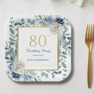 Dusty Blue Floral 80th Birthday  Paper Plates