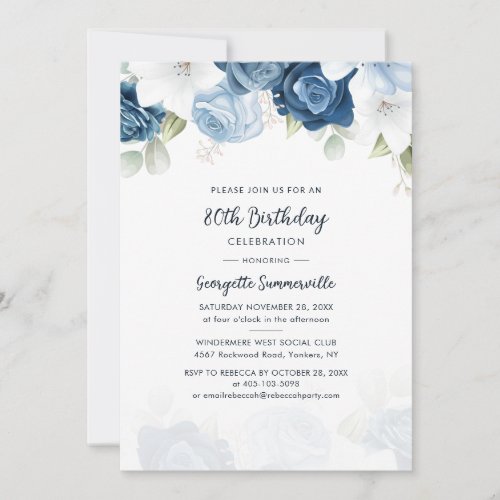 Dusty Blue Floral 80th Birthday Party Invitation
