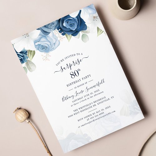 Dusty Blue Floral 80th Birthday Party Invitation