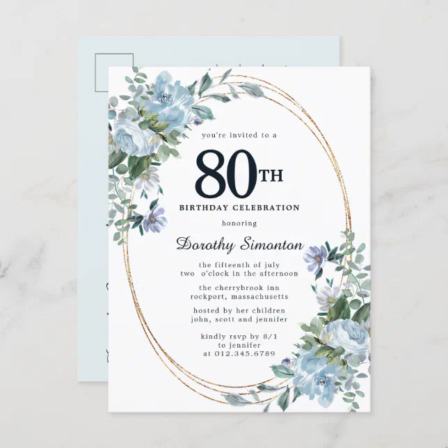 Dusty Blue Floral 80th Birthday Pretty Invitation | Zazzle