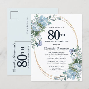 Dusty Blue Floral 80th Birthday Pretty Invitation Postcard