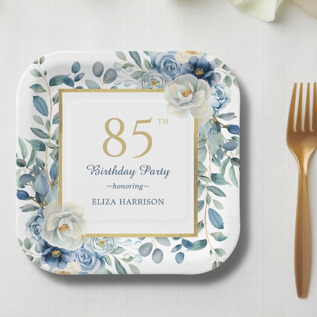 Dusty Blue Floral 85th Birthday  Paper Plates (Creator Uploaded)