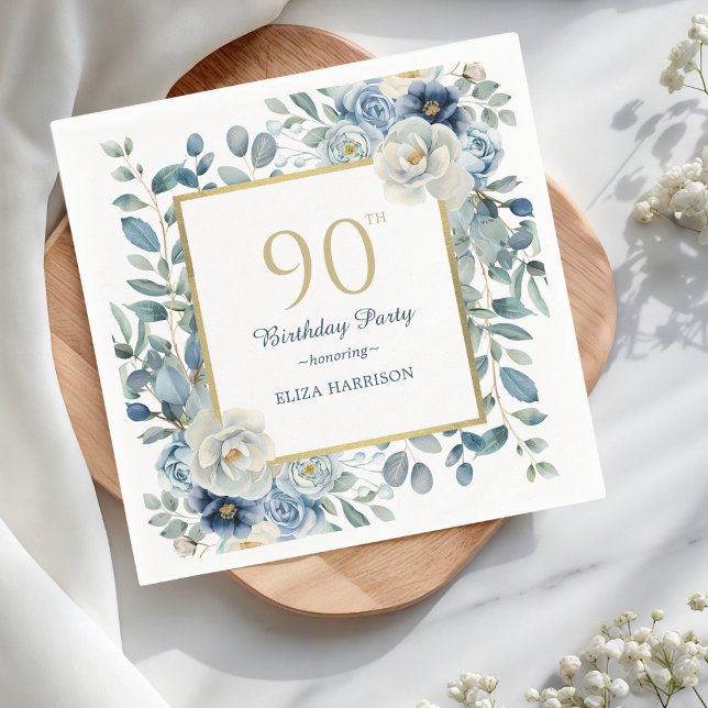 Dusty Blue Floral 90th Birthday  Napkins (Creator Uploaded)