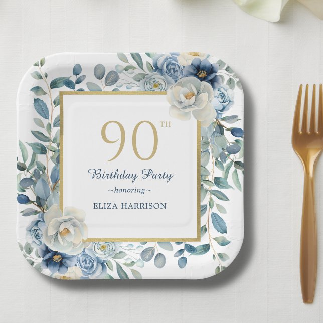 Dusty Blue Floral 90th Birthday  Paper Plates (Creator Uploaded)
