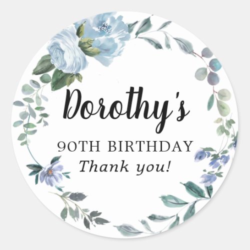 Dusty Blue Floral 90th Birthday Thank You Classic Round Sticker