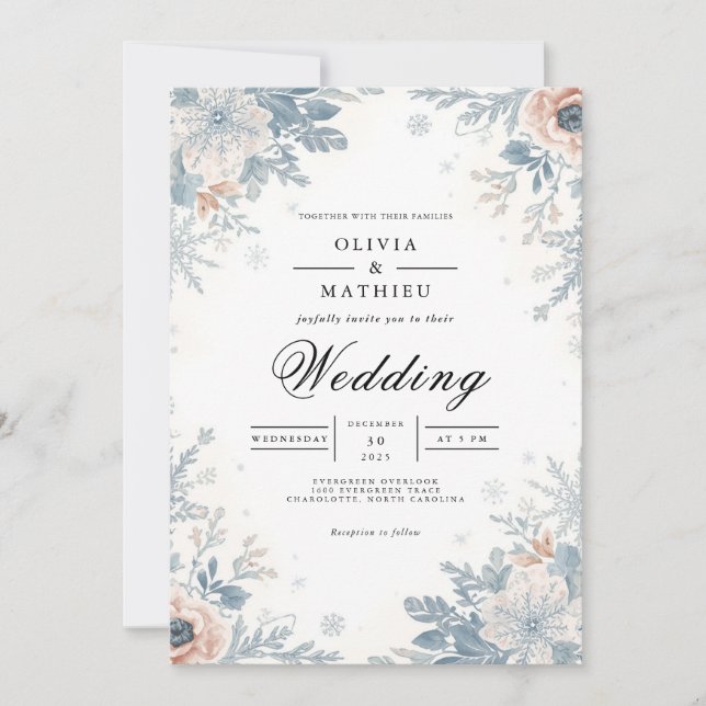 Dusty Blue Floral Accent Wedding Invitation (Front)