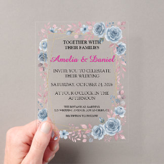 Dusty Blue Floral Acrylic Wedding Invitation
