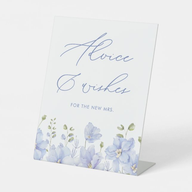 Dusty Blue Floral Advice & Wishes Bridal Shower Pedestal Sign (Front)
