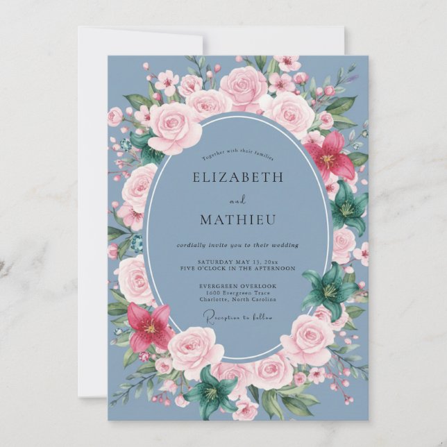 Dusty Blue Floral Aesthetic Wedding Invitation (Front)
