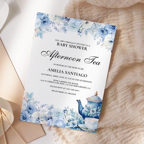 Dusty Blue Floral Afternoon Tea Baby Shower Invitation