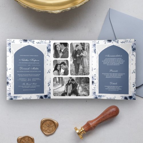 Dusty Blue Floral All in One Lace Indian Wedding Tri_Fold Invitation