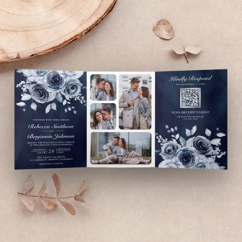 Dusty Blue Floral All in One QR Code Navy Wedding Tri_Fold Invitation