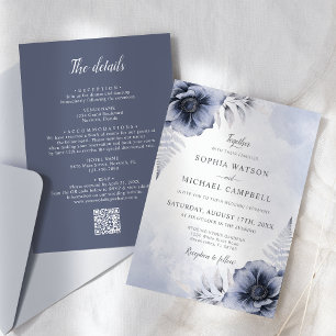 Dusty Blue Floral All In One QR Code Wedding Invitation