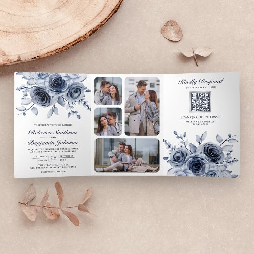 Dusty Blue Floral All in One QR Code Wedding Tri_Fold Invitation