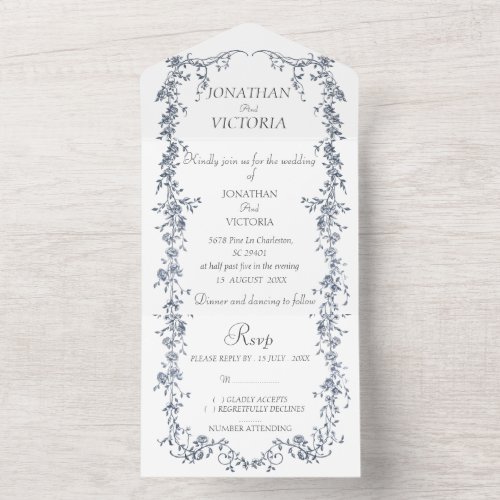 Dusty Blue Floral All In One Wedding Invite Mailer