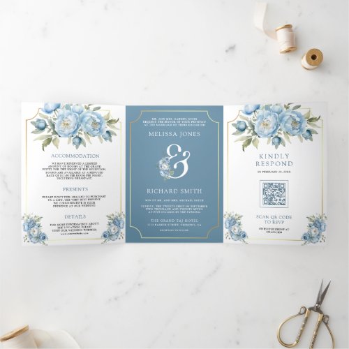 Dusty Blue Floral Ampersand All in One Wedding Tri_Fold Invitation