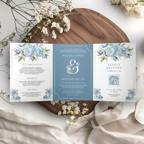 Dusty Blue Floral Ampersand All in One Wedding Tri_Fold Invitation